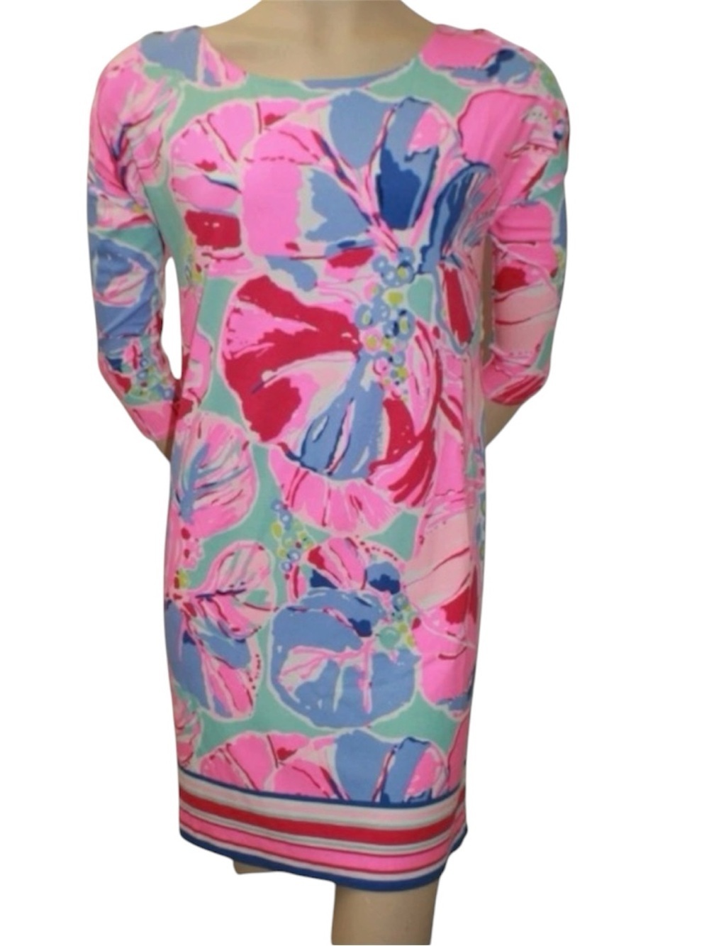 Lilly Pulitzer Lilla Jam Out Dress 3/4 Sleeve Gold Buttons Floral Coastal Sz XS